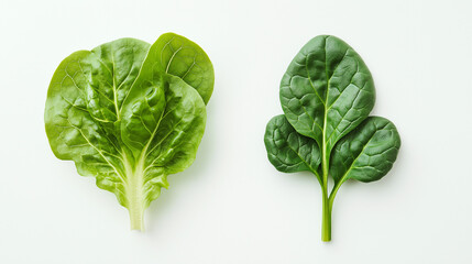 Fototapeta premium lettuce or spinach: a close-up, top-down view of lettuce leaves and spinach leaves, placed side by side with a small gap on a clean white background