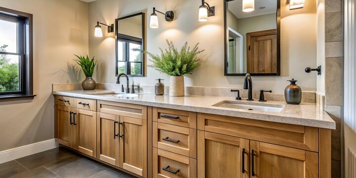 Charming bathroom vanity with wooden cabinets, dual sinks, black faucets, and modern fixtures in a bright space