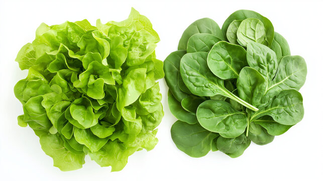 lettuce or spinach: a close-up, top-down view of lettuce leaves and spinach leaves, placed side by side with a small gap on a clean white background