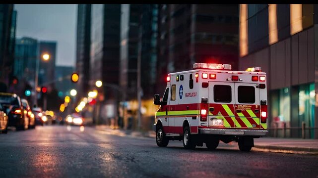 a ambulance on the side of road  at night 