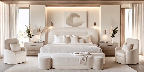 an Organic Modern Bedroom with a Sleek and contemporary vibe, wide shot to capture the entire bedroom with bed