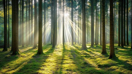 Obraz premium Sunlight beams through the trees in a misty forest.