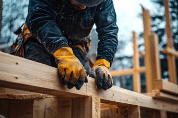 Construction Worker Building Wooden Framework with Precision and Safety Gear
