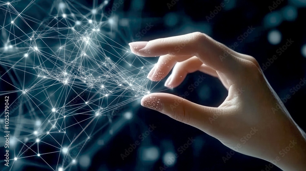 Poster a hand reaching towards a network of interconnected nodes, symbolizing technology and connection.