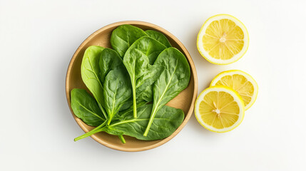 Obraz premium Fresh spinach leaves in wooden bowl paired with sliced lemons create vibrant and healthy composition.