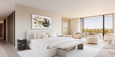 an Organic Modern Bedroom with a Sleek and contemporary vibe, wide shot to capture the entire bedroom with bed