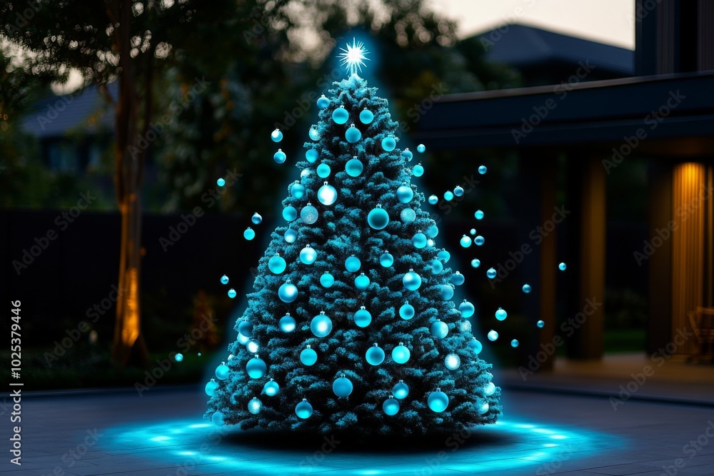 Aufkleber Enchanted Christmas tree, where ornaments float around the tree, glowing softly and creating magical light patterns, with a mystical aura surrounding the tree