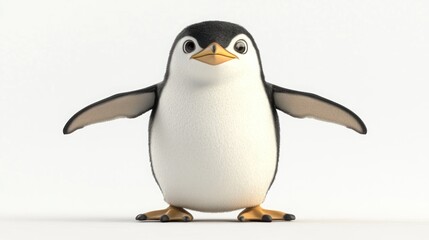 Fototapeta premium A cute penguin with black and white feathers and orange beak stands with its wings spread against a white background.