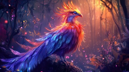 Fototapeta premium A magical bird with iridescent, flowing feathers and an elegant pose, resting in a luminous, mystical forest