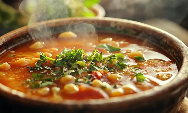 Close-up of a steaming bowl of soup