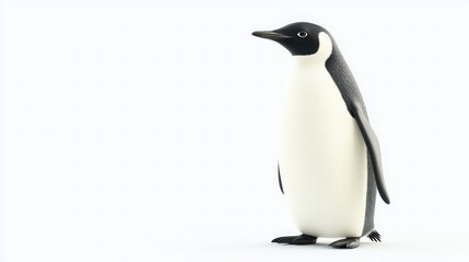 Fototapeta premium A single emperor penguin stands on a white background, facing right, with its head tilted slightly to the side.