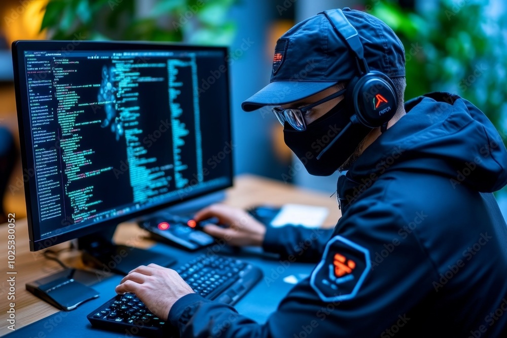 Poster Ethical hacker trainee typing commands into a terminal during a hands-on security exercise, with focus on their computer screen