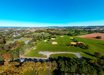 Aerial drone view of athletic sports fields. 