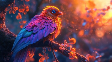 A vibrant fairytale bird with intricate, exotic feathers, perched elegantly on a mystical tree in a glowing, enchanted world