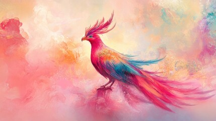 Obraz premium A vibrant fairytale bird with uniquely long, flowing feathers and a regal stance, set against a dreamy, pastel-colored background