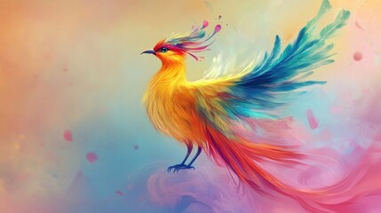Obraz premium A vibrant fairytale bird with uniquely long, flowing feathers and a regal stance, set against a dreamy, pastel-colored background