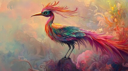 A vibrant fairytale bird with uniquely long, flowing feathers and a regal stance, set against a dreamy, pastel-colored background
