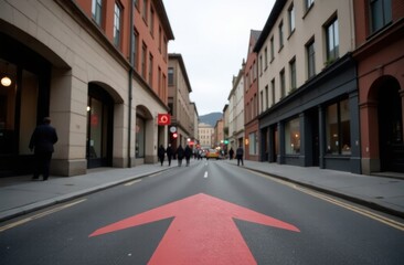 Urban street with a bold red arrow guiding pedestrians towards their destination during a cloudy day in a small city