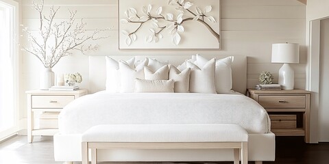 an Organic Modern Bedroom with a Sleek and contemporary vibe, wide shot to capture the entire bedroom with bed