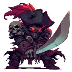 Obraz premium A menacing cartoon skeleton pirate wielding a sword, adorned with skulls and a red feathered hat.