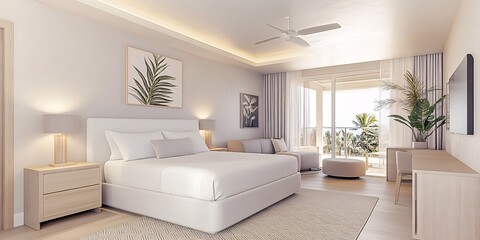 an Organic Modern Bedroom with a Sleek and contemporary vibe, wide shot to capture the entire bedroom with bed