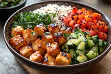 Vibrant Bowl of Grilled Tofu, Fresh Vegetables, and Rice