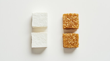 tofu or tempeh: a close-up, top-down view of tofu and tempeh pieces, placed side by side with a small gap on a white background