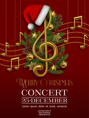 christmas concert flyer with golden musical notes, pine branches and decorations. christmas concert poster  