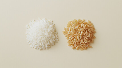 white rice or brown rice: a close-up, top-down view of white rice and brown rice in small heaps, placed side by side with a small gap on a light background