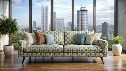 Chic lounge interior featuring a patterned sofa and cushions