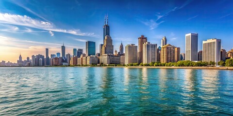 Fototapeta premium Chicago waterfront and skyline viewed from a low angle, showcasing the cityscape of Illinois USA