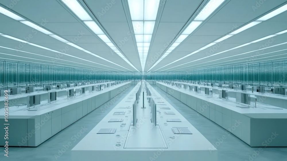 Poster two long white desks with computers and mirrors in a minimalist office interior