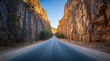 A long, straight road winds through a narrow canyon with towering cliffs on either side. The sky is a soft blue with a hint of orange in the distance, suggesting early morning or late evening light.
