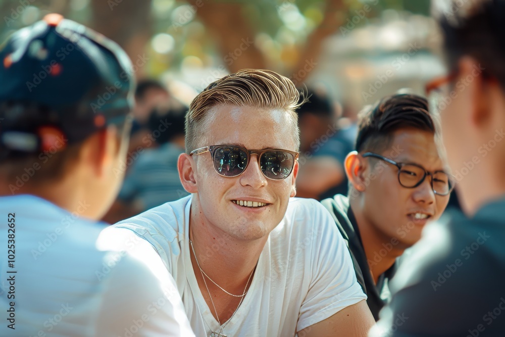 Wall mural Handsome young man in sunglasses with friends in the city.