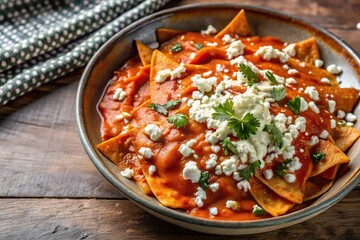 Fototapeta premium Chilaquiles drenched in red sauce and sprinkled with queso fresco