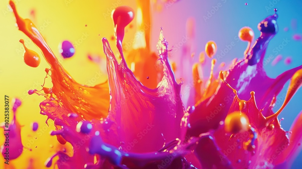 Poster a vibrant splash of colorful paint in mid-air, creating an abstract and dynamic composition against 