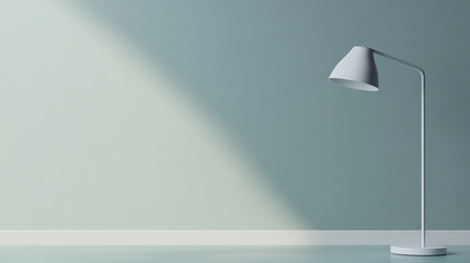 Modern desk lamp casting soft shadows in a minimalist room with light blue walls and a sleek floor.