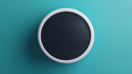 Modern round speaker with a stylish design on a vibrant turquoise background, showcasing sleek aesthetics and premium audio quality.