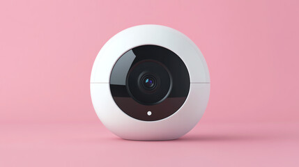 Modern security camera design on a pink background, featuring a sleek, round shape and high-quality lens for surveillance.