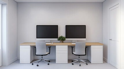 Fototapeta premium Modern workspace with two office desks, ergonomic chairs, and dual monitors. Bright and minimalistic design perfect for productivity.