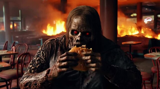 Scary mutated undead zombie sits in a burning restaurant eating a beef hamburger, the infected zombie has red eyes and visible scars with rotting skeletal skin