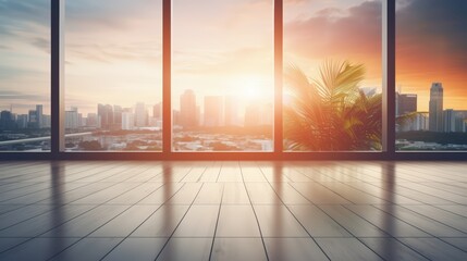 Stunning sunrise view from modern office window, showcasing vibrant colors and urban landscape