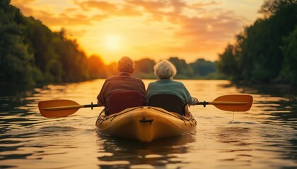 Exploring The Outdoors: Rowing And Kayaking With An Elderly Couple In Retirement, Relaxing In Nature On A Weekend Getaway
