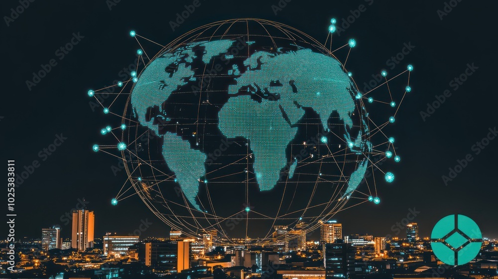 Poster a 3d globe representation of earth with connecting lines above a city at night