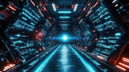 Obraz premium Futuristic Spaceship Corridor with Neon Lights