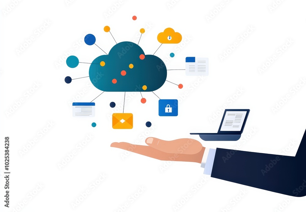 Poster innovative cloud computing concept illustrating data transfer and security. a laptop and icons repre