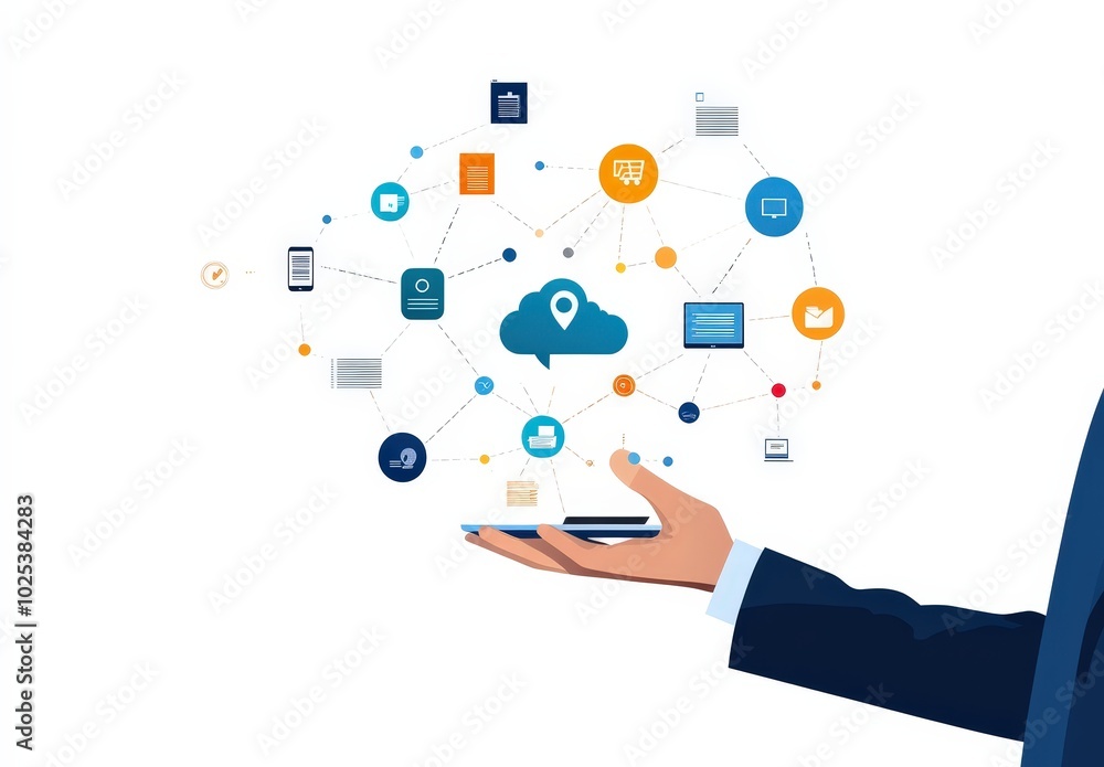 Poster this illustration showcases cloud technology concepts with a hand holding a smartphone, surrounded b