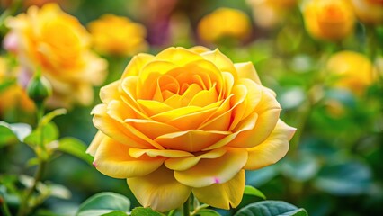Bright yellow rose in full bloom in garden
