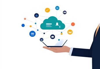 An innovative cloud computing concept showcasing a hand holding a laptop with various digital connections and icons, symbolizing technology and networking.