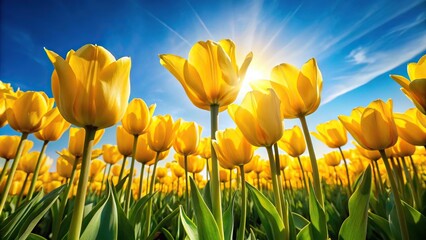 Bright yellow tulips reaching for the sun in a spring field long shot